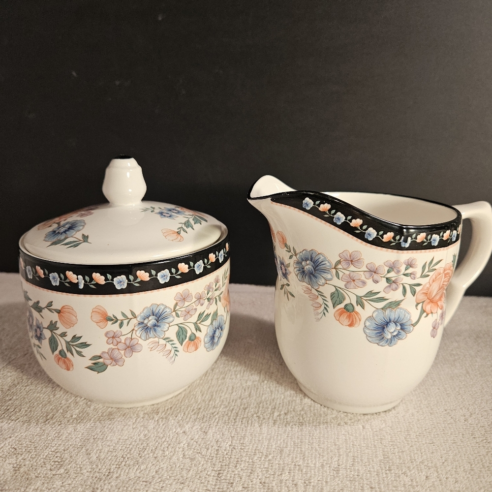 Vintage Claremore By Sango #8104 Elizabeth Gray Sugar & Creamer With Lid